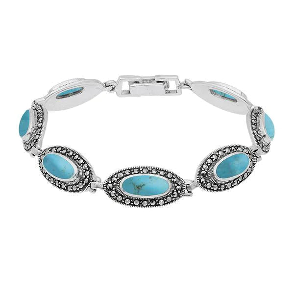 Sterling Silver Turquoise Marcasite Slim Oval Link Bracelet - Silver