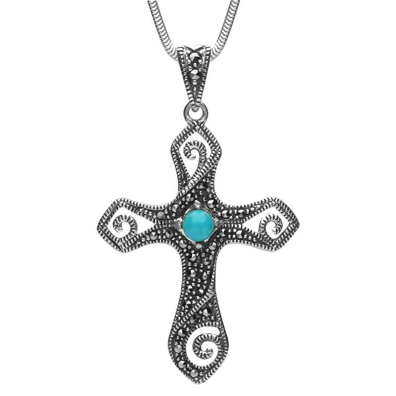 Sterling Silver Turquoise Marcasite Swirl Cross Necklace - Silver
