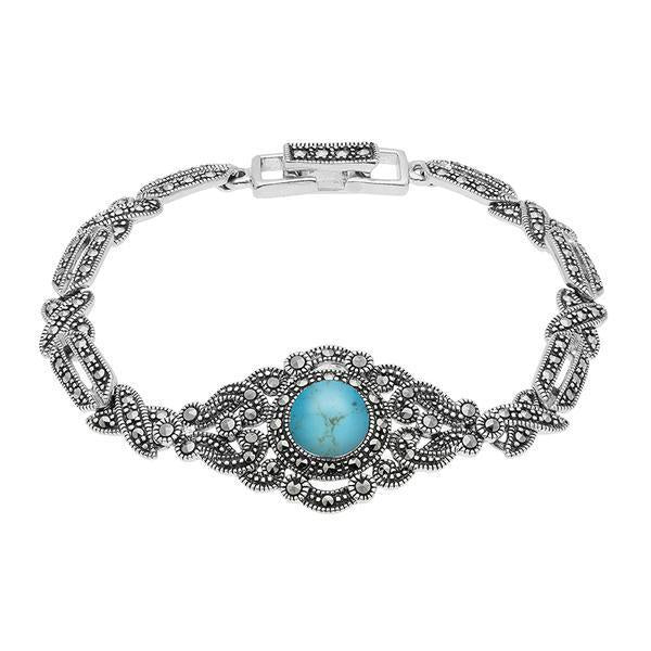 Sterling Silver Turquoise Marcasite Cross Link Bracelet - Silver
