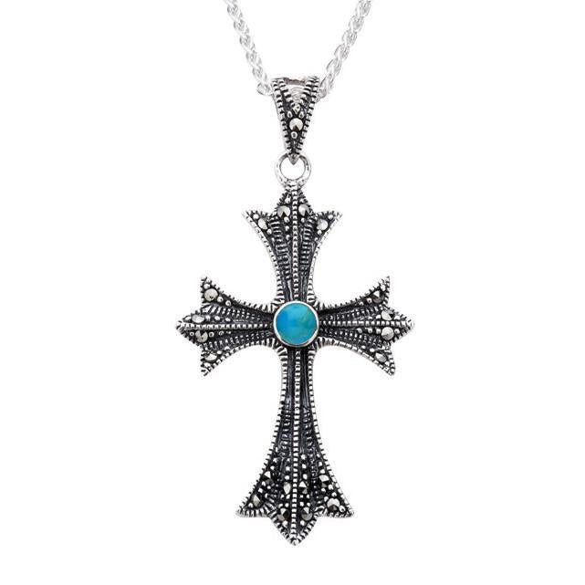 Sterling Silver Turquoise Marcasite Three Point Cross Necklace - Silver