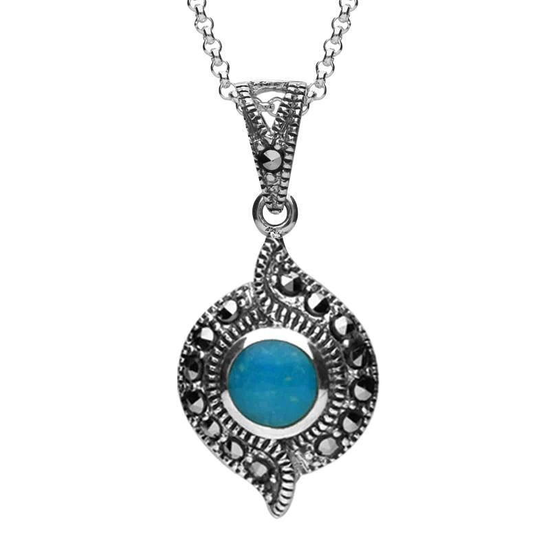 Sterling Silver Turquoise Marcasite Twisted Round Necklace - Silver