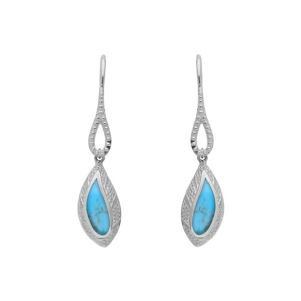 Sterling Silver Turquoise Marquise Beaded Edge Drop Earrings - Silver
