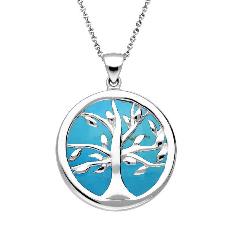Sterling Silver Turquoise Medium Round Tree of Life Necklace