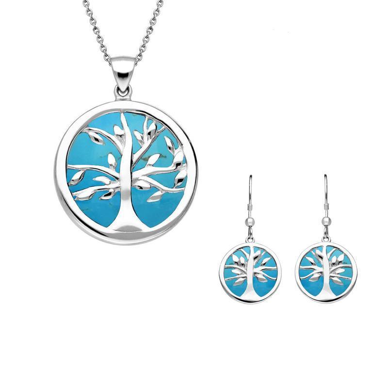 Sterling Silver Turquoise Medium Round Tree of Life Two Piece Set
