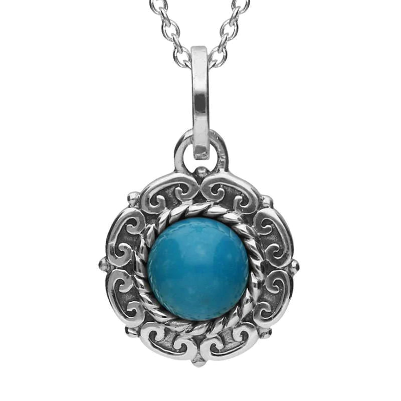 Sterling Silver Turquoise Ornate Rope Edge Necklace - Silver