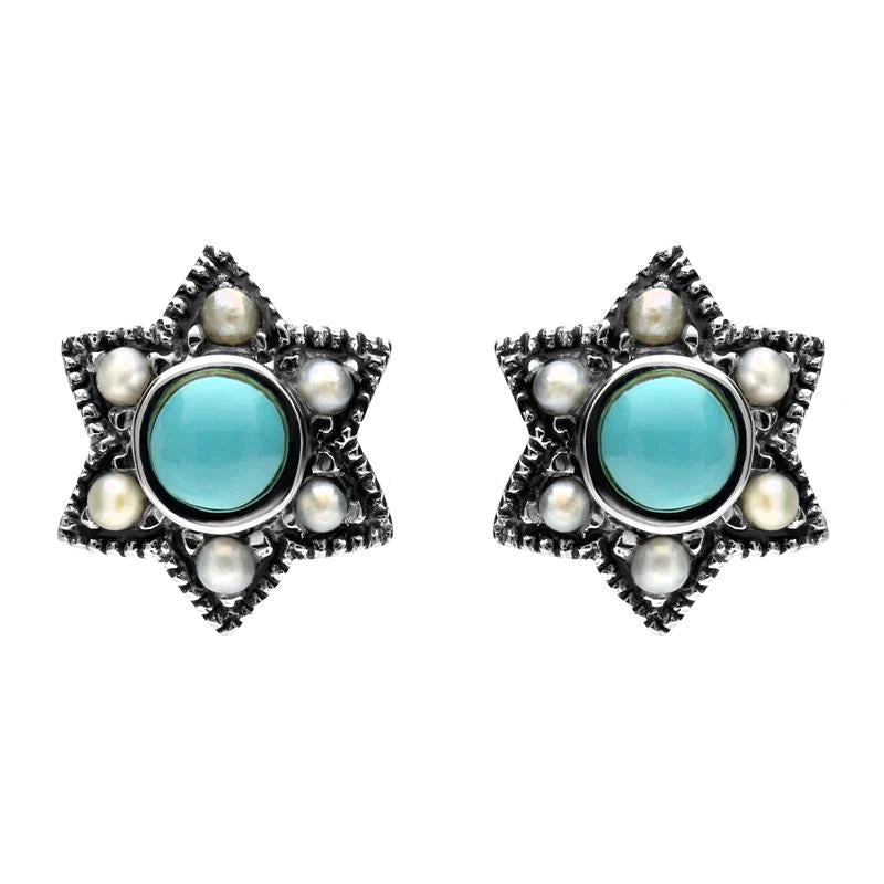 Sterling Silver Turquoise Pearl Six Point Star Stud Earrings - Silver