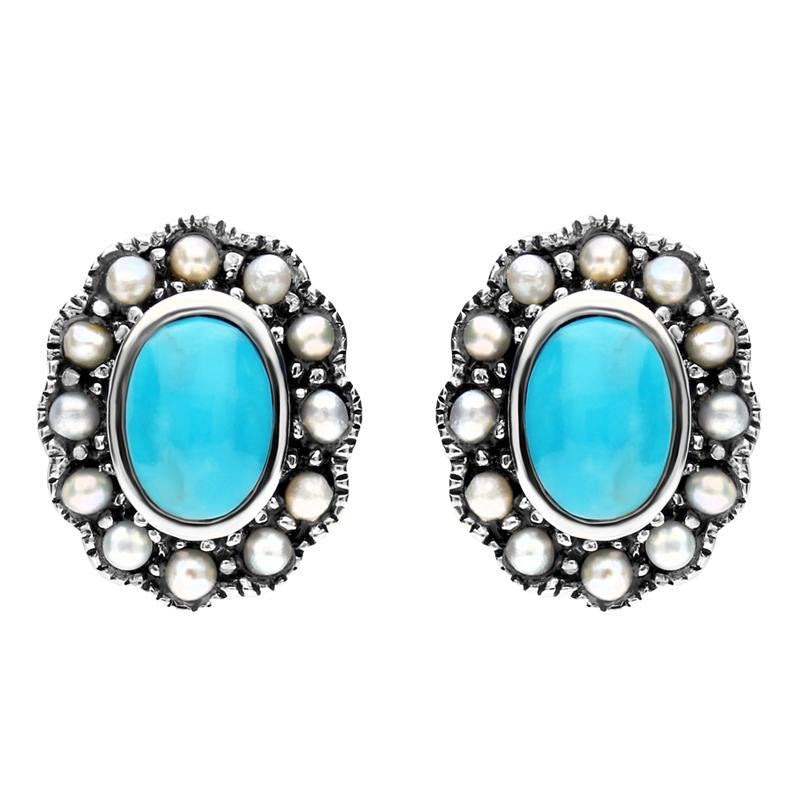 Sterling Silver Turquoise Pearl Oval Beaded Edge Stud Earrings - Silver