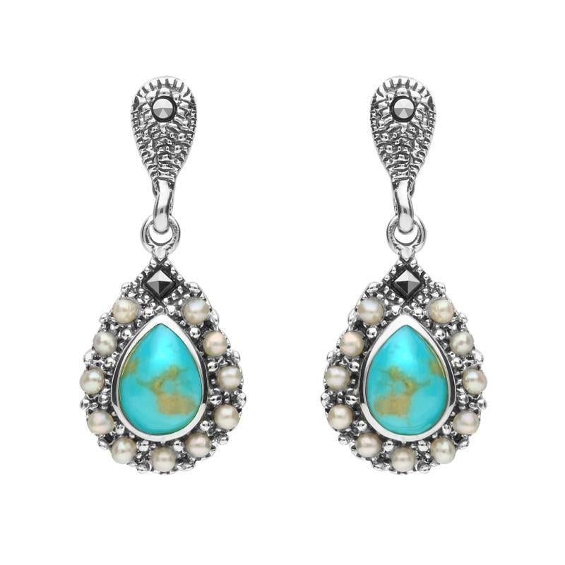 Sterling Silver Turquoise Marcasite Pearl Round Edge Bead Drop Earrings - Silver