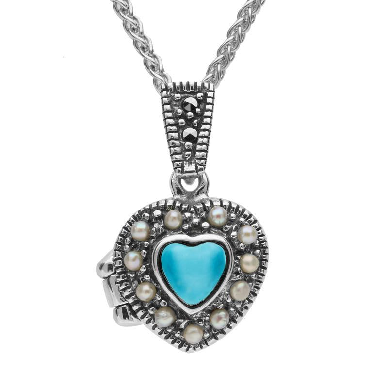 Sterling Silver Turquoise Pearl Small Bead Edge Heart Locket - Silver