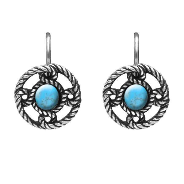 Sterling Silver Turquoise Rope Edge Port Hole Drop Earrings - Silver