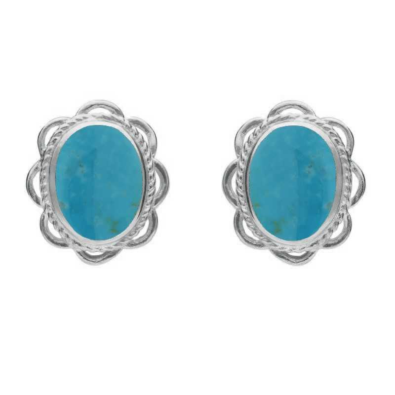 Sterling Silver Turquoise Rope Frill Edge Oval Stud Earrings - Option1 Value Silver