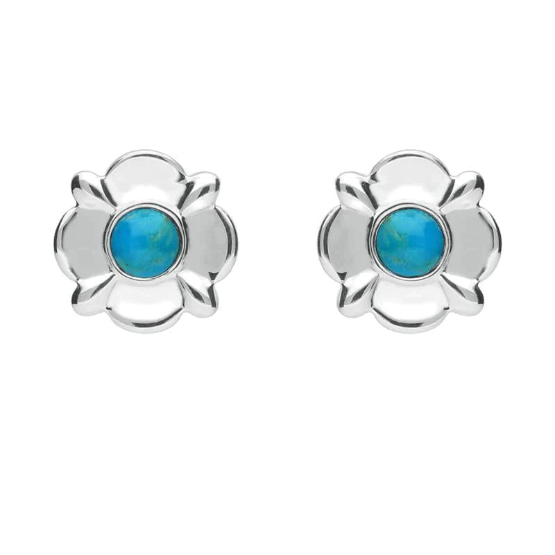 Sterling Silver Turquoise Round Four Petal Flower Stud Earrings - Silver