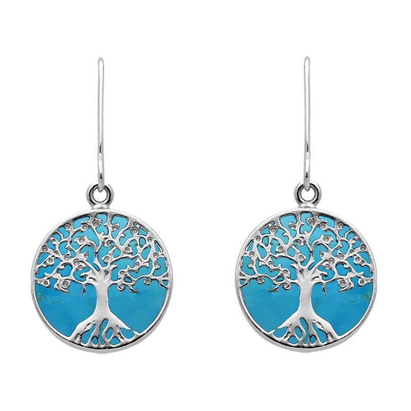 Sterling Silver Turquoise Round Tree Drop Earrings