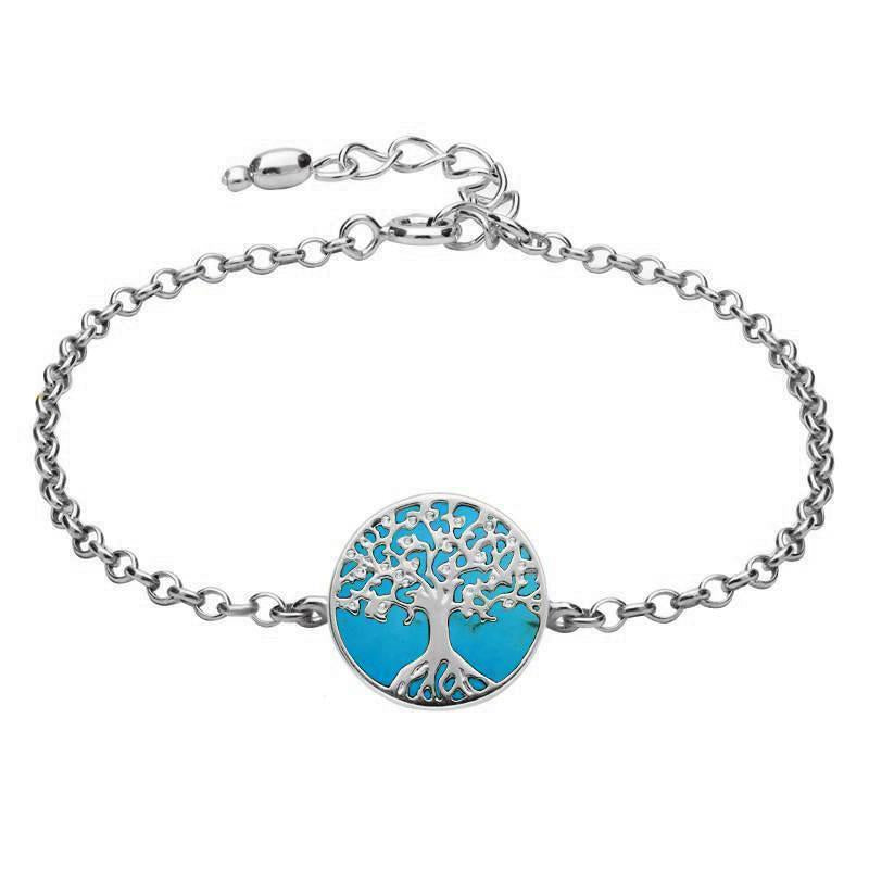 Sterling Silver Turquoise Round Tree of Life Chain Bracelet