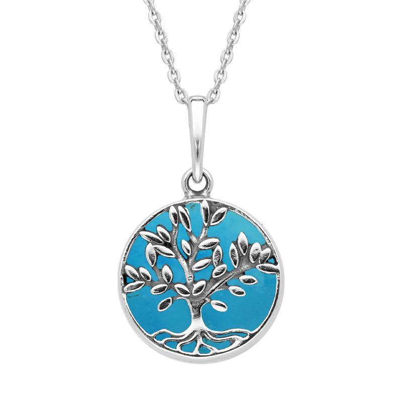 Sterling Silver Turquoise Small Round Large Leaves Tree of Life Necklace