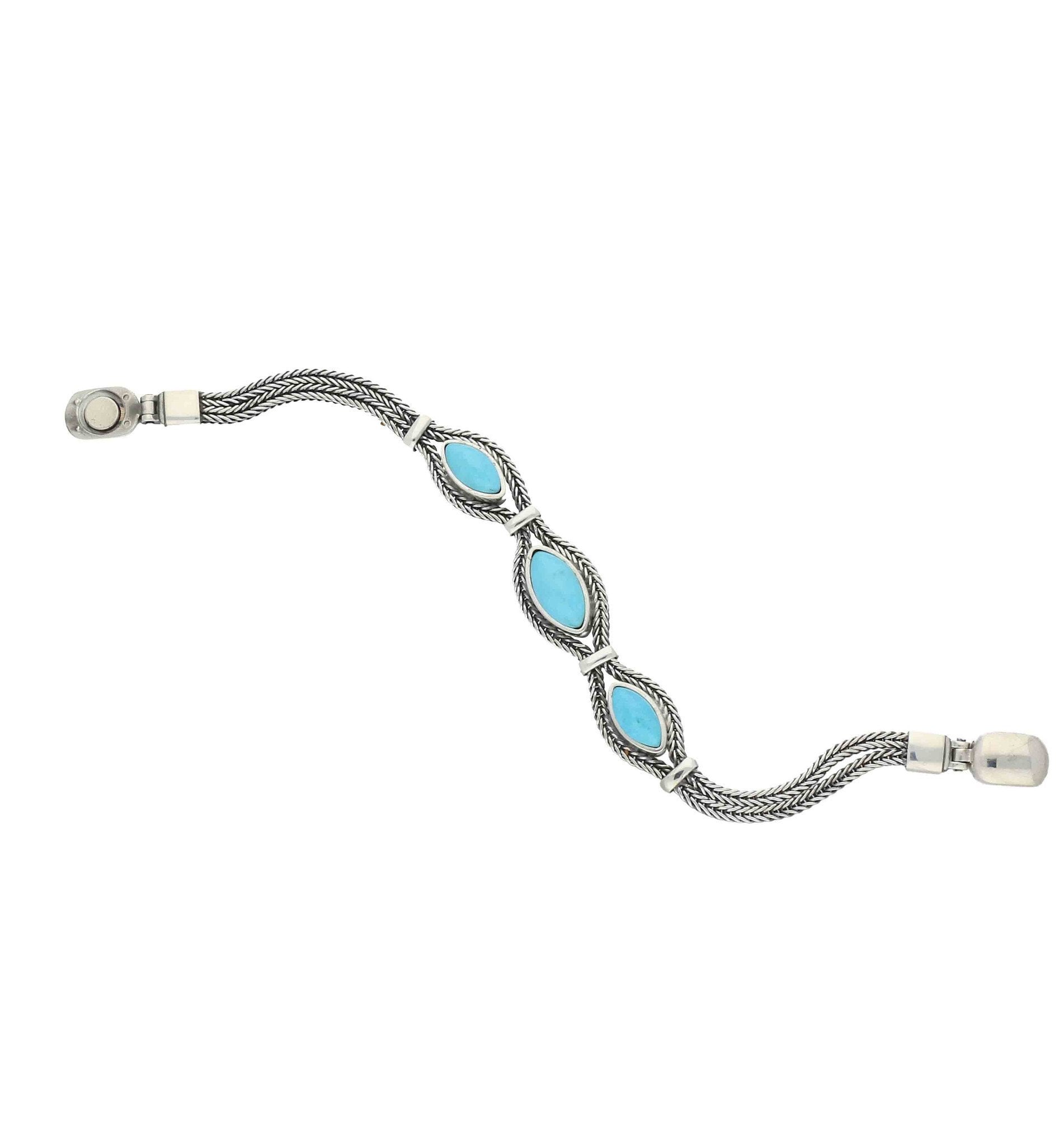 Sterling Silver Turquoise Three Stone Marquise Foxtail Bracelet - Option1 Value Silver