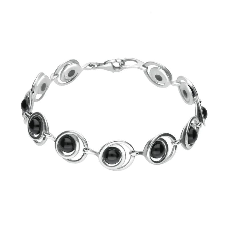 Sterling Silver Whitby Jet Eleven Stone Round Swirl Bracelet - Silver