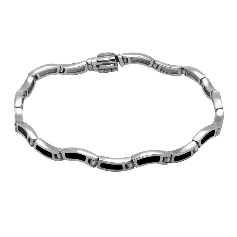 Sterling Silver Whitby Jet Eighteen Stone Wavy Link Bracelet - Silver