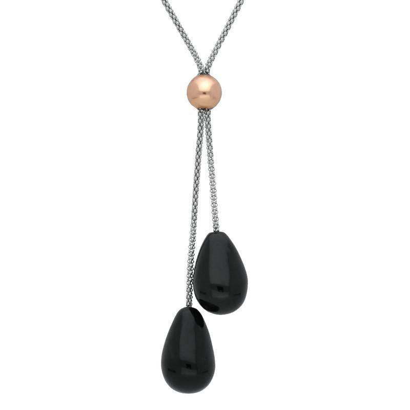 Sterling Silver Whitby Jet Two Stone Double Drop Necklace - Silver