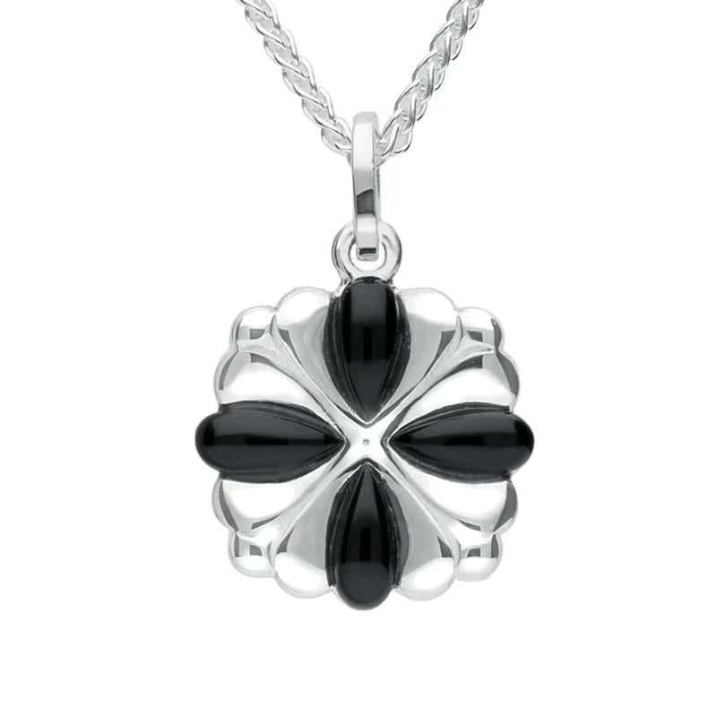 Sterling Silver Whitby Jet 4 Stone Cross Necklace - Silver