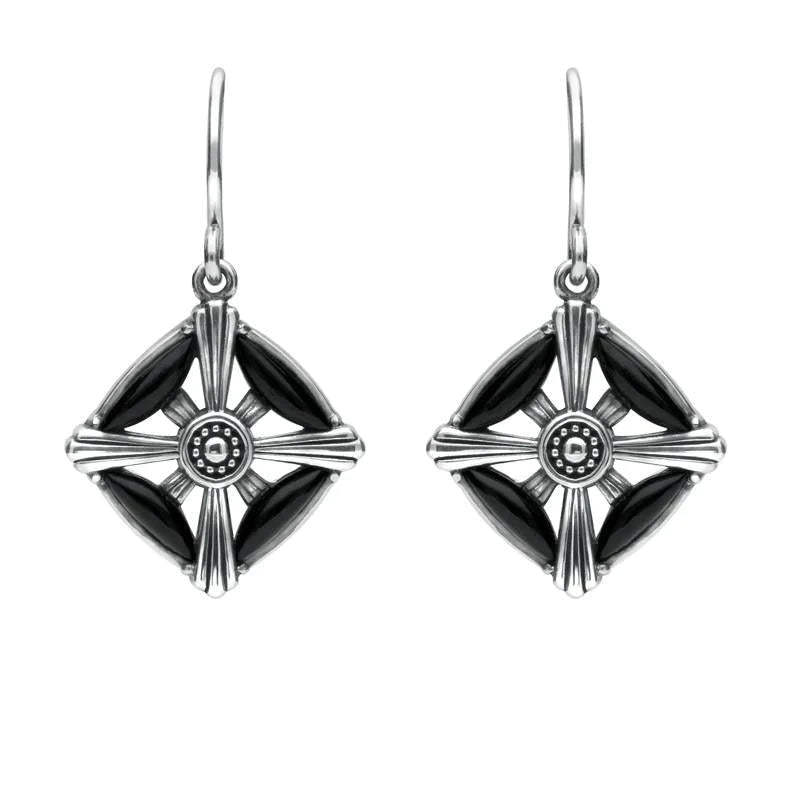 Sterling Silver Whitby Jet Four Stone Square Cross Drop Earrings - Silver