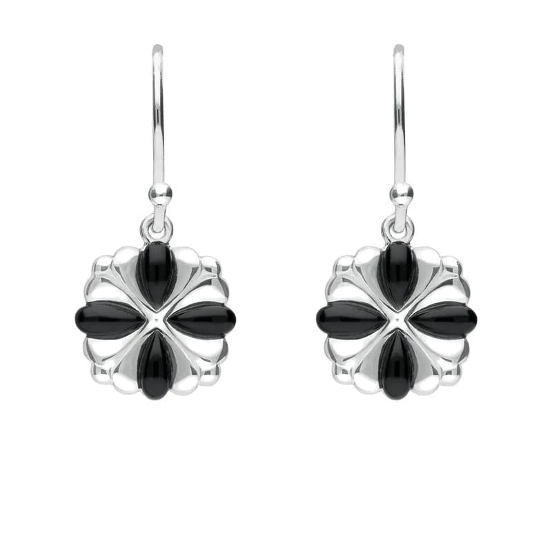 Sterling Silver Whitby Jet 4 stone Cross Drop Earrings - Silver