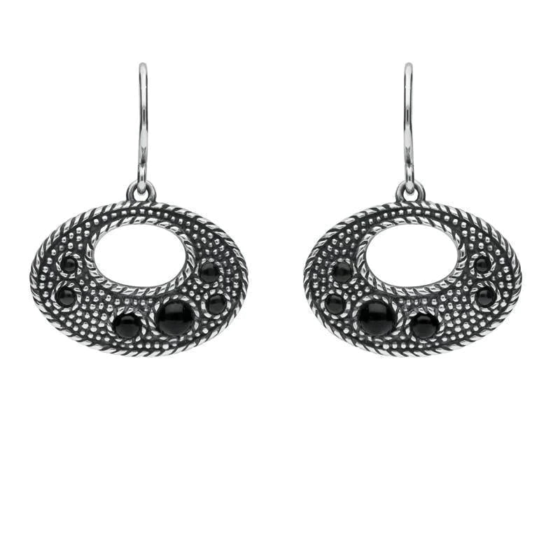 Sterling Silver Whitby Jet 6 Stone Open Oval Oxi Drop Earrings - Silver