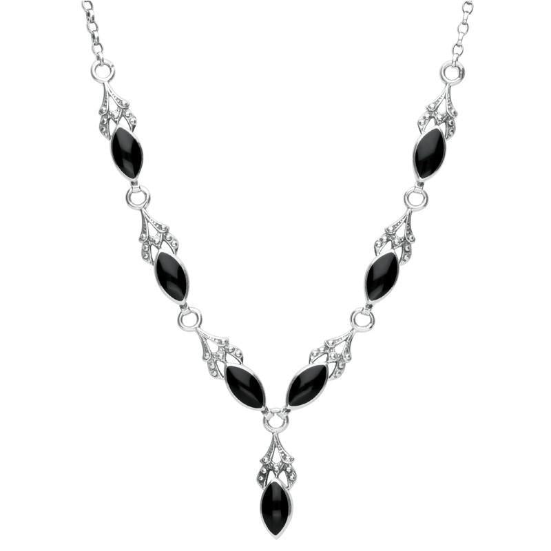 Sterling Silver Whitby Jet Seven Stone Marquise Necklace - Silver