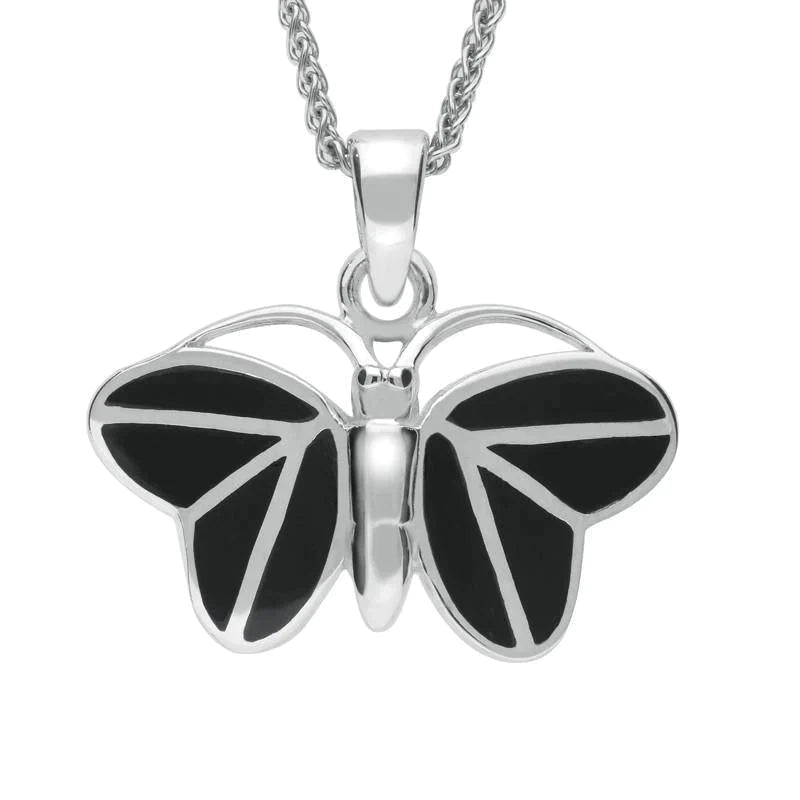 Sterling Silver Whitby Jet Eight Stone Butterfly Necklace - Silver