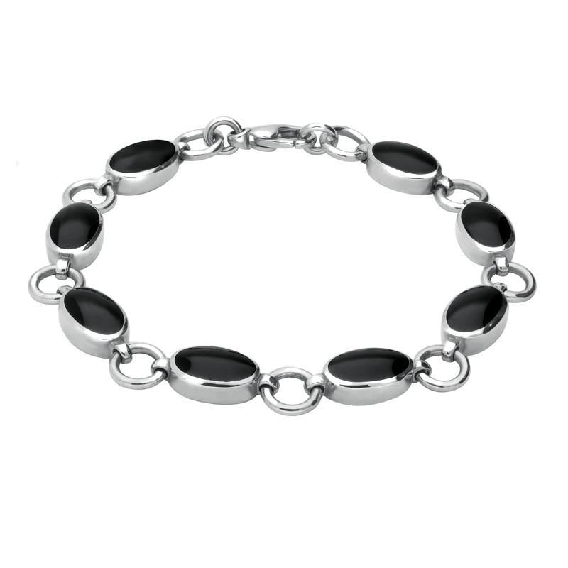 Sterling Silver Whitby Jet 8 Stone Round Ring Bracelet - Silver
