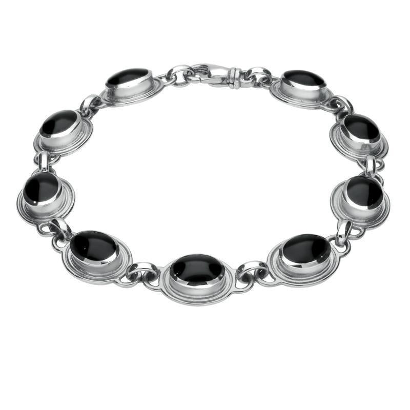 Sterling Silver Whitby Jet Nine Stone Oval Bracelet - Silver