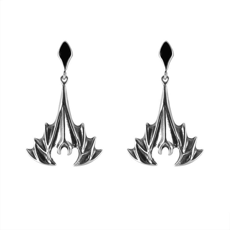 Sterling Silver Whitby Jet Abstract Bat Drop Earrings - Silver