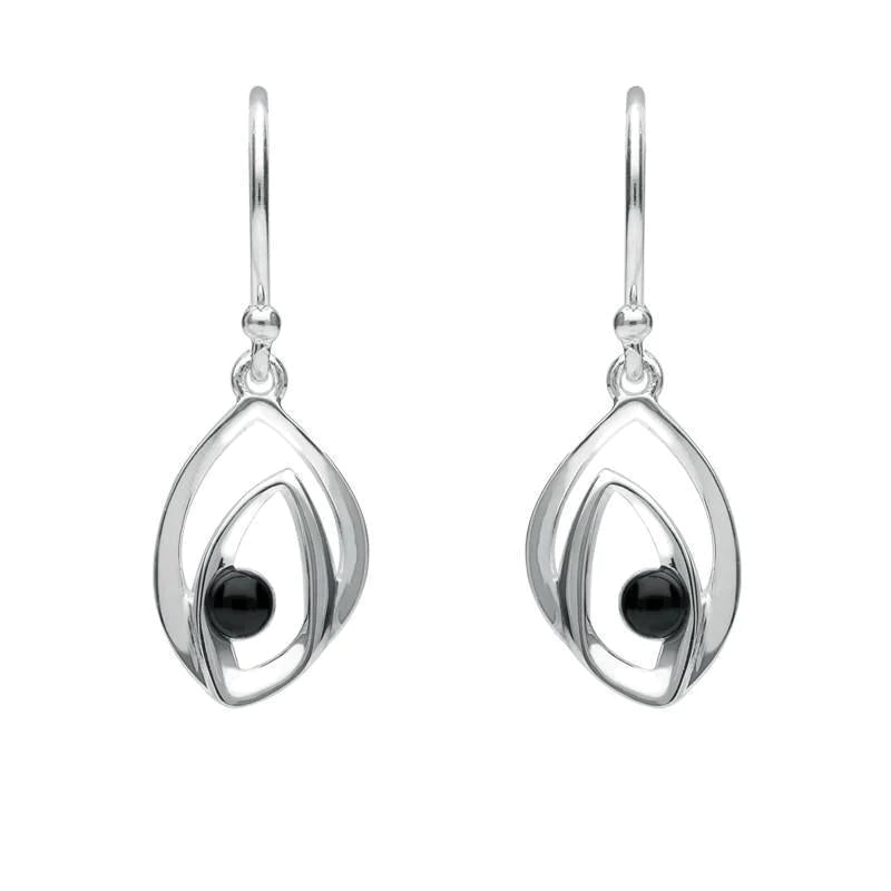 Sterling Silver Whitby Jet Abstract Flame Stone Drop Earrings - Silver