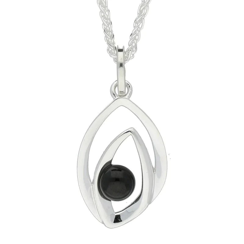 Sterling Silver Whitby Jet Abstract Flame Stone Necklace - Silver