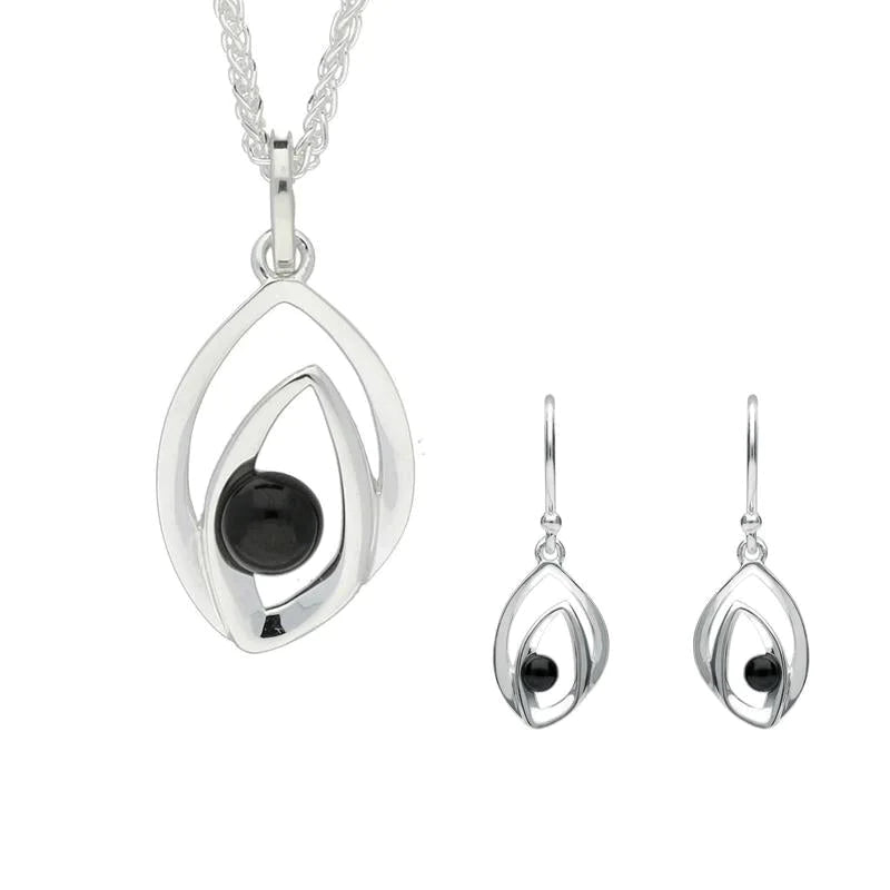 Sterling Silver Whitby Jet Abstract Flame Two Piece Set - Silver