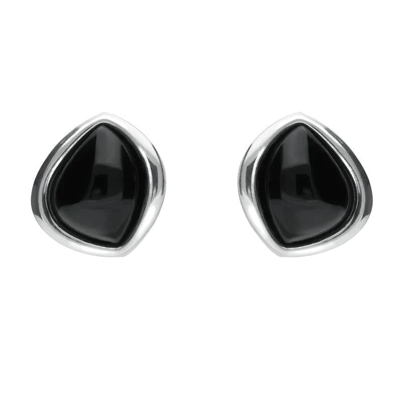 Sterling Silver Whitby Jet Abstract Marquise Stud Earrings - Silver