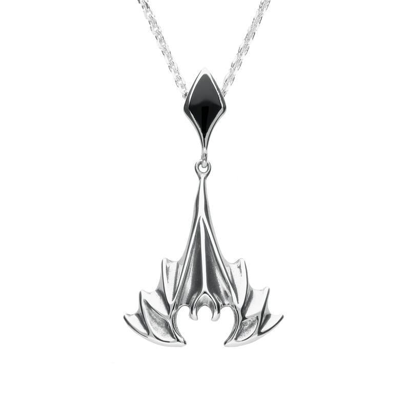 Sterling Silver Whitby Jet Abstract Upside Down Bat Necklace - Silver