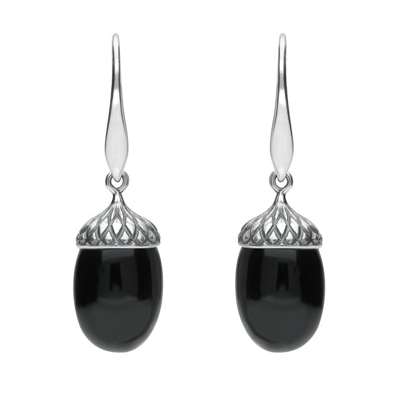 Sterling Silver Whitby Jet Acorn Drop Earrings - Silver
