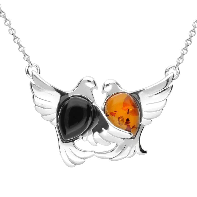 Sterling Silver Whitby Jet Amber Two Stone Bird Necklace - Option1 Value Silver