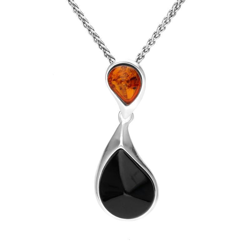 Sterling Silver Whitby Jet Amber Two Stone Pear Drop Necklace - Silver