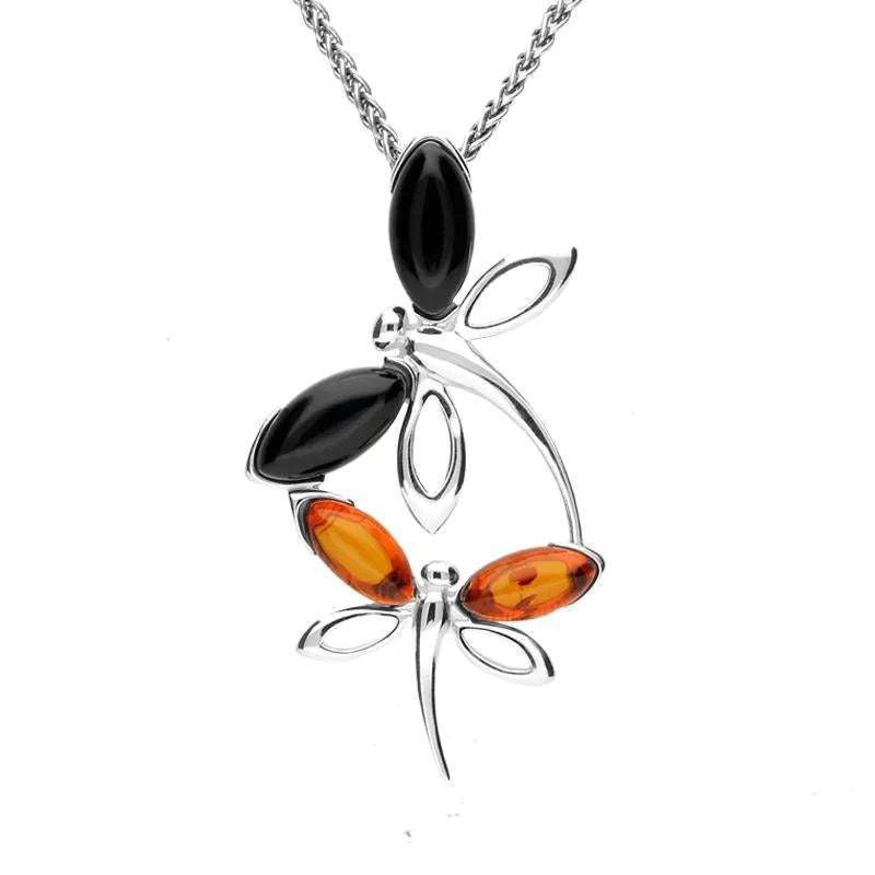 Sterling Silver Whitby Jet Amber Double Dragonfly Necklace - Option1 Value Silver