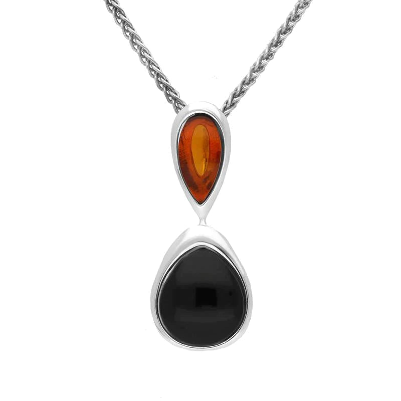 Sterling Silver Whitby Jet Amber Double Pear Drop Necklace - Silver
