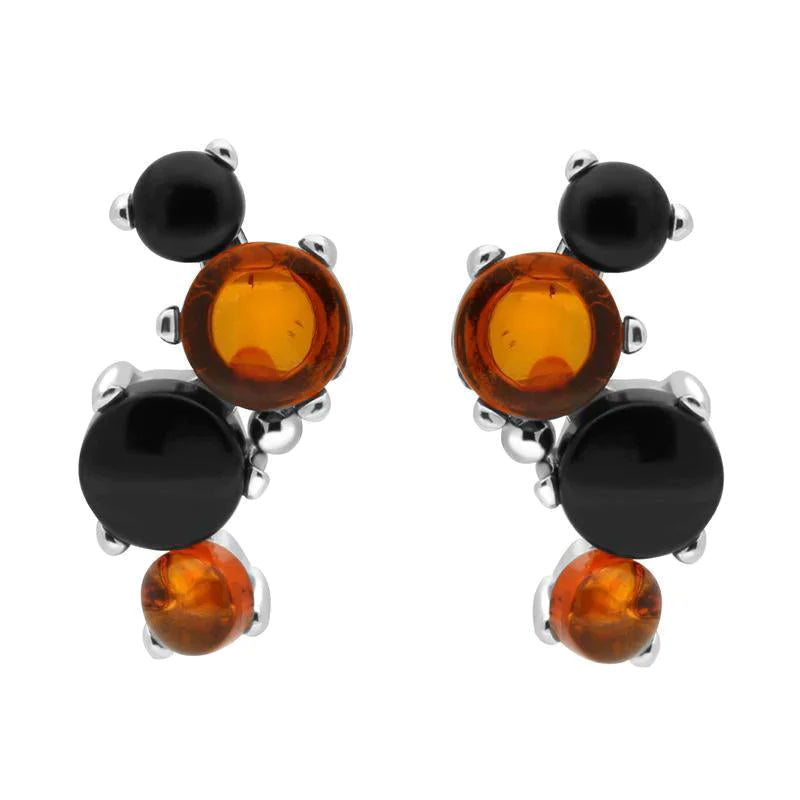 Sterling Silver Whitby Jet Amber Four Stone Stud Earrings - Silver