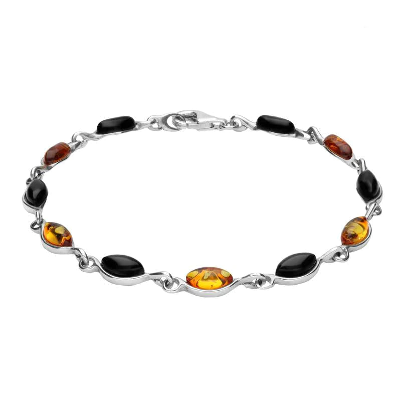 Sterling Silver Whitby Jet Amber Link Bracelet - Silver