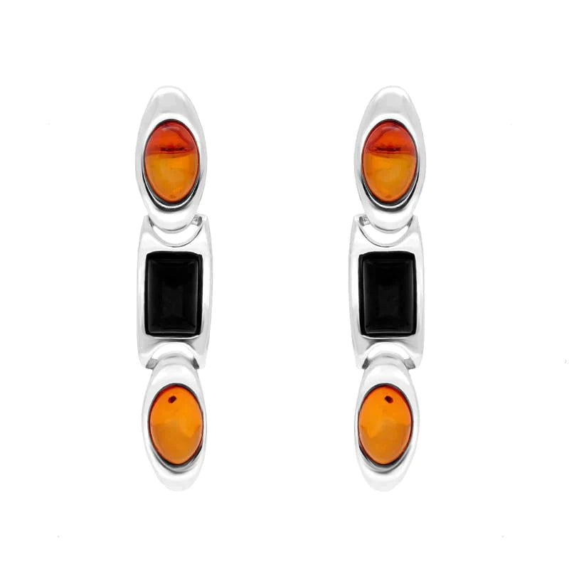 Sterling Silver Whitby Jet Amber Oval And Rectangle Earrings - Silver