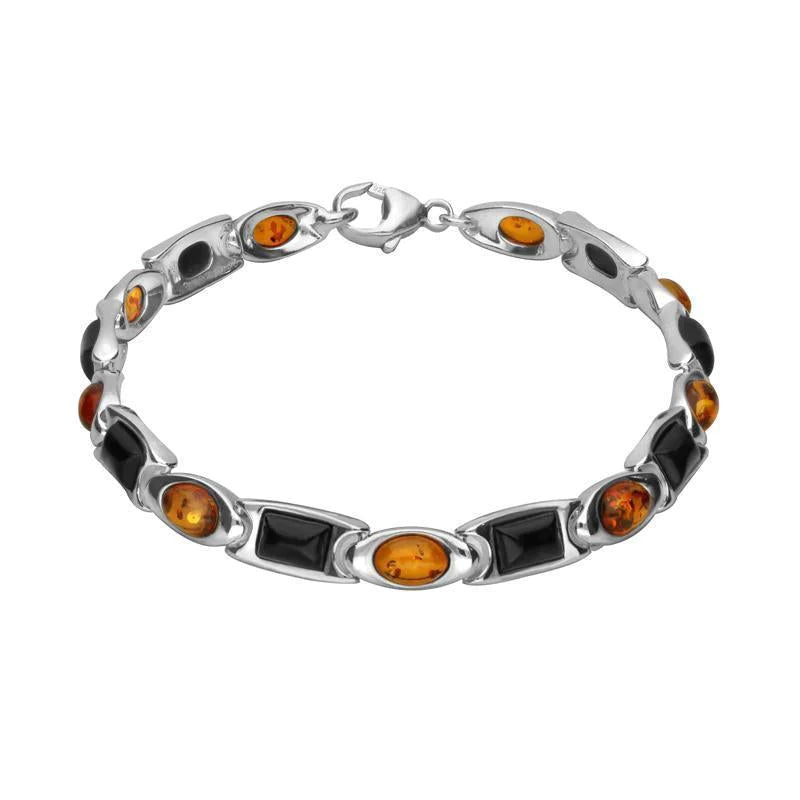 Sterling Silver Whitby Jet Amber Oval Rectangle Bracelet - Silver