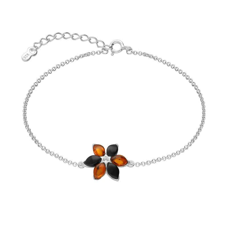 Sterling Silver Whitby Jet Amber Six Stone Petal Flower Bracelet - Silver