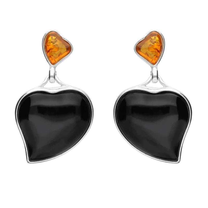 Sterling Silver Whitby Jet Amber Two Stone Heart Drop Stud Earrings - Option1 Value Silver