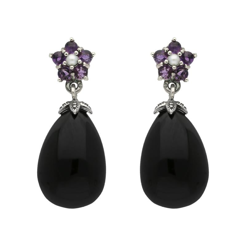 Sterling Silver Whitby Jet Amethyst Pearl Flower Drop Earrings - Silver