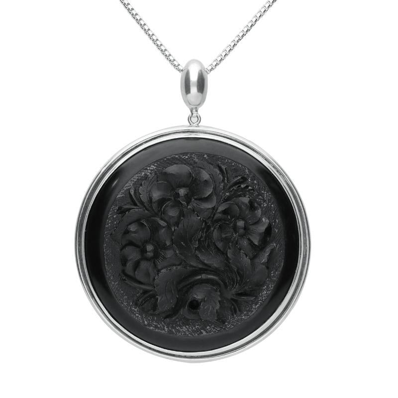 Sterling Silver Whitby Jet Antique Large Framed Floral Necklace D - Silver